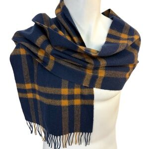 HEMA Navy & Mustard Yellow Tartan 100% Wool Scarf – Plaid Fringe Scarf